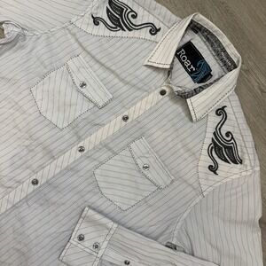 Roar Buckle Shirt Mens XXL White Embroidered Western Y2K Biker Button Up